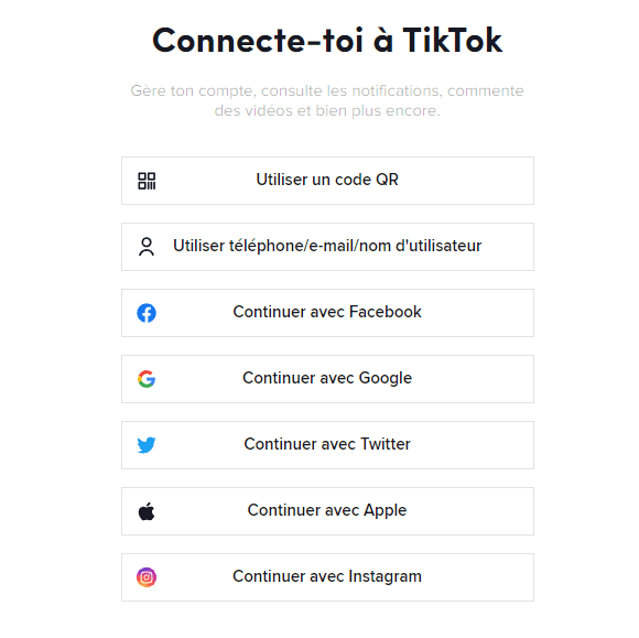 interface de connexion TikTok